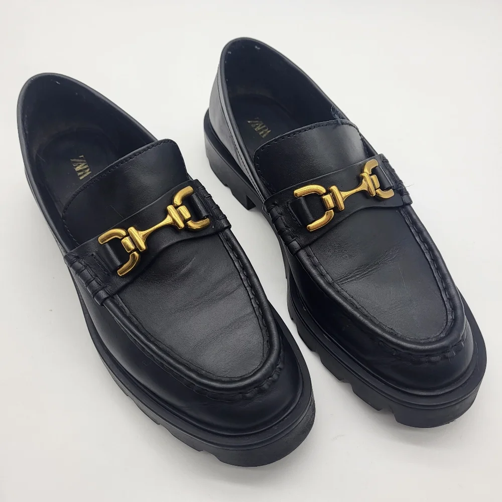 Zara Women's Black Leather Loafers with Gold Detail - Picture 1 of 10